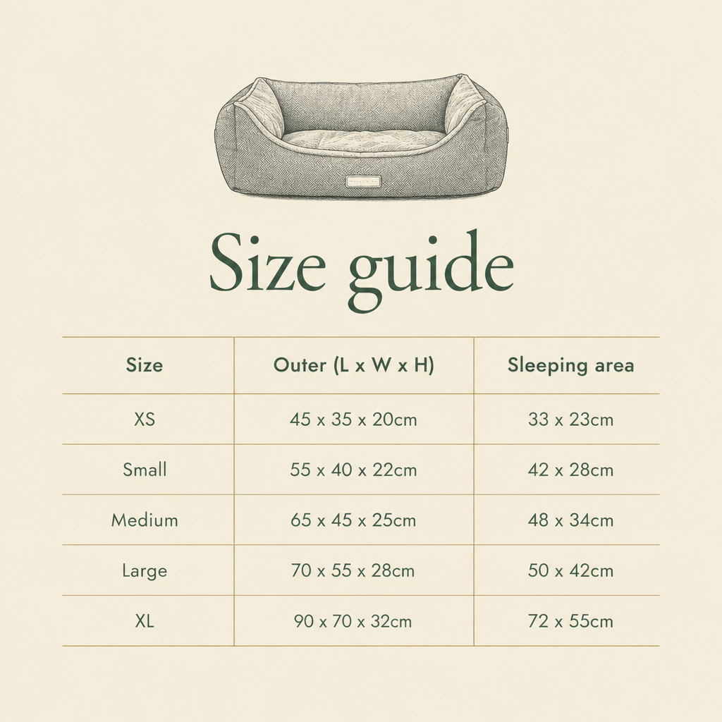 Balmoral bolster bed size guide, XS to XL