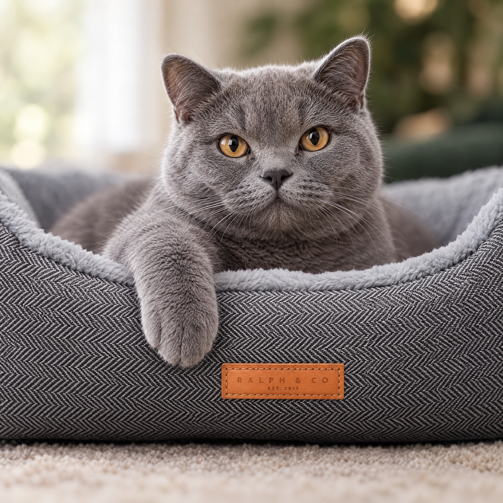 A British Shorthair cat's paw over the rim of the Balmoral herringbone bed