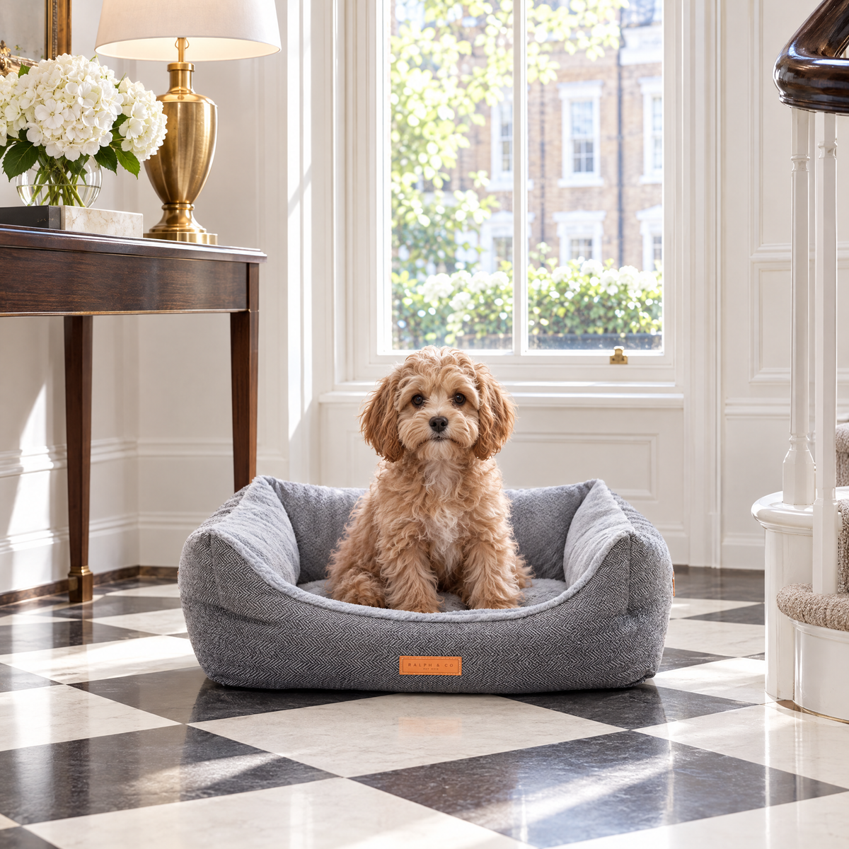 A Cavapoo puppy in the Balmoral bed in a Chelsea townhouse hallway