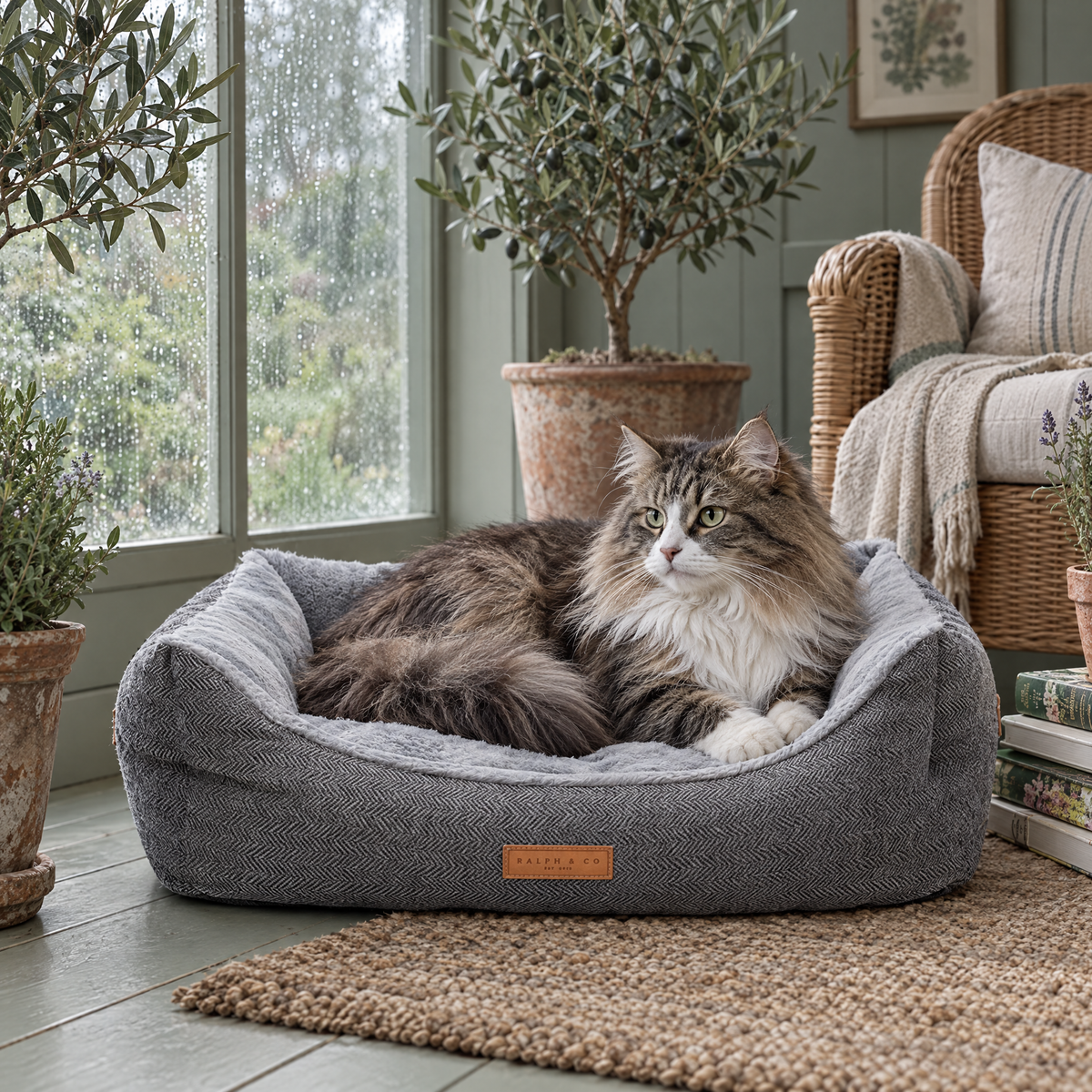 A Norwegian Forest cat lounging in the Balmoral bed in a garden room