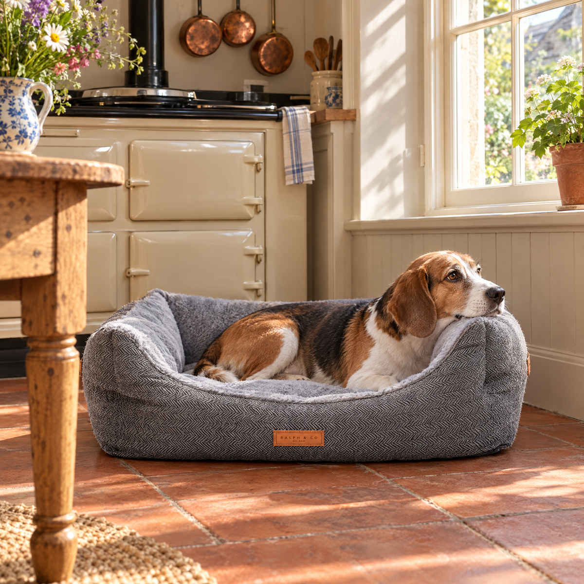 A Beagle in the Balmoral bolster bed beside an Aga in a country kitchen