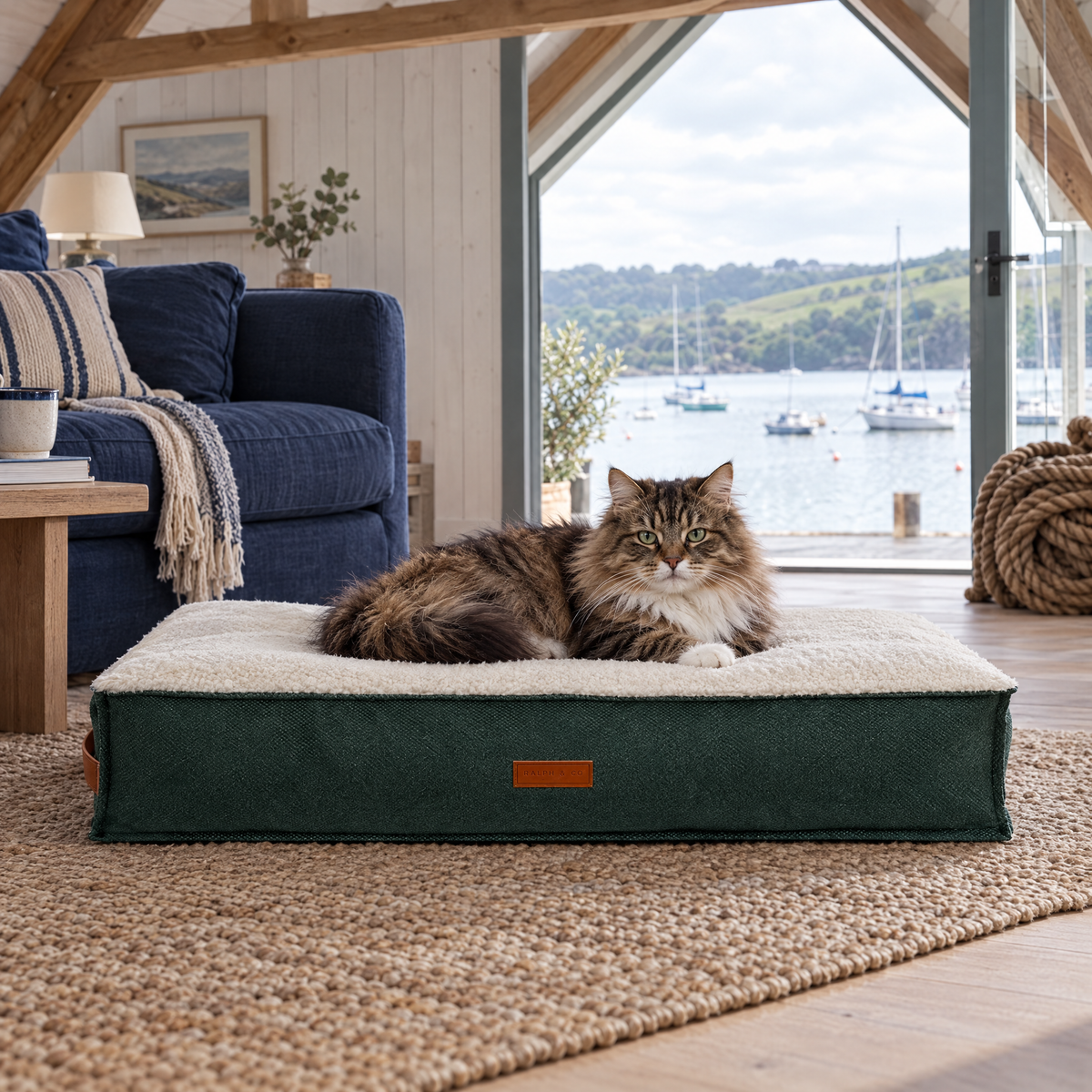Siberian cat lounging on the Richmond green pillow bed in a Devon boathouse living room