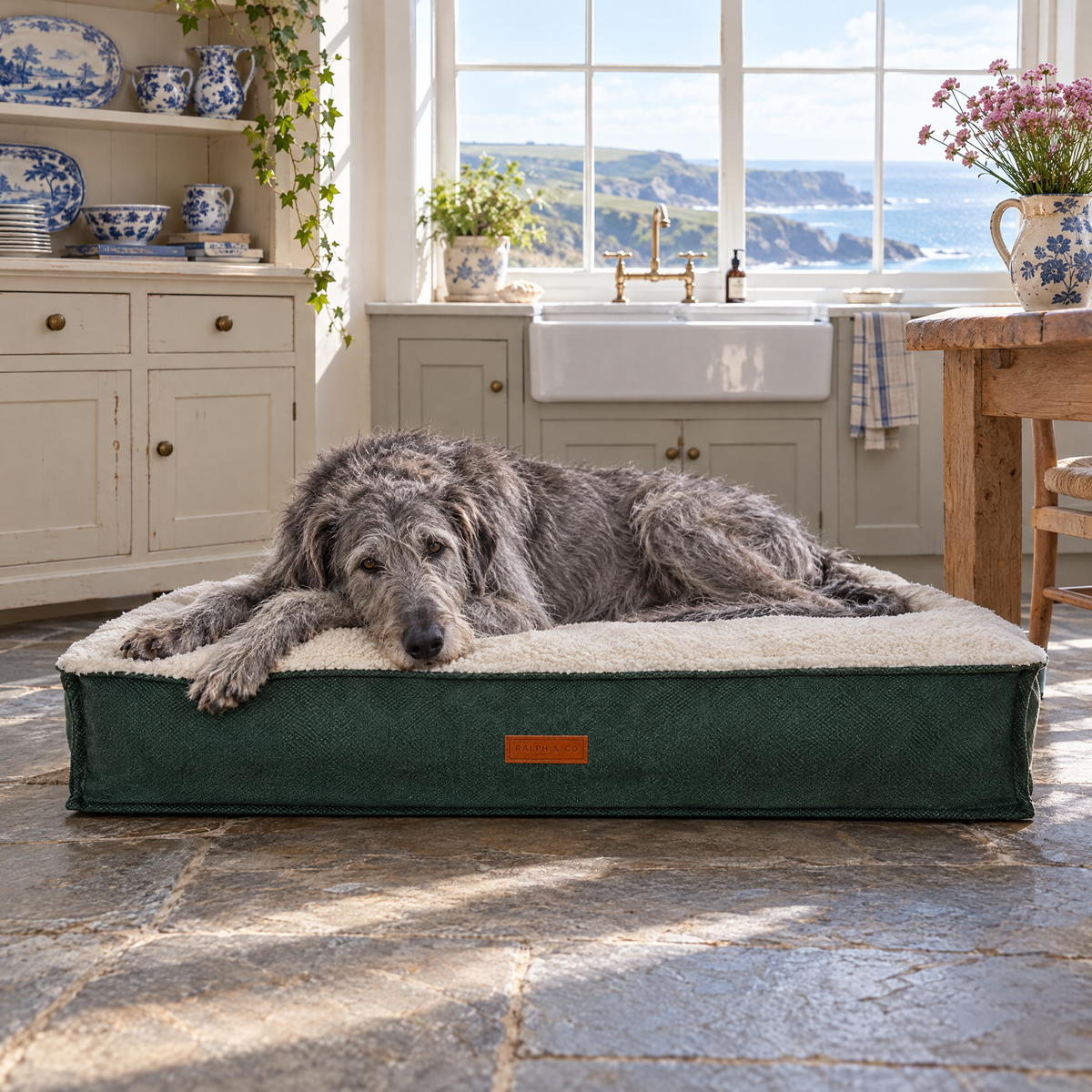 Irish Wolfhound stretched across the large Richmond green pillow bed in a Cornish clifftop cottage kitchen