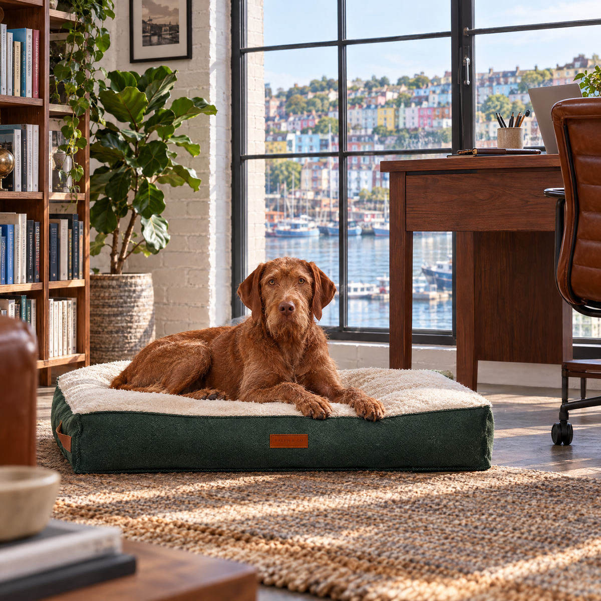 Wirehaired Vizsla on the Richmond green pillow bed in a Bristol harbourside home office