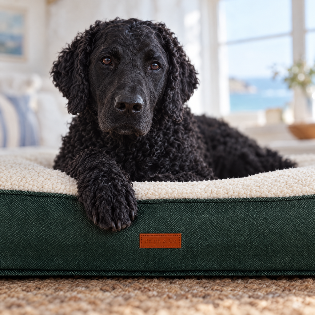 Curly-coated Retriever paw over the edge of the Richmond green pillow bed, close-up of the sherpa top