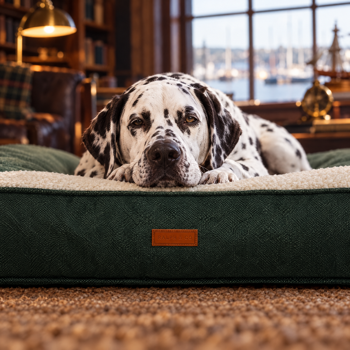 English Pointer resting its chin on the Richmond green pillow bed