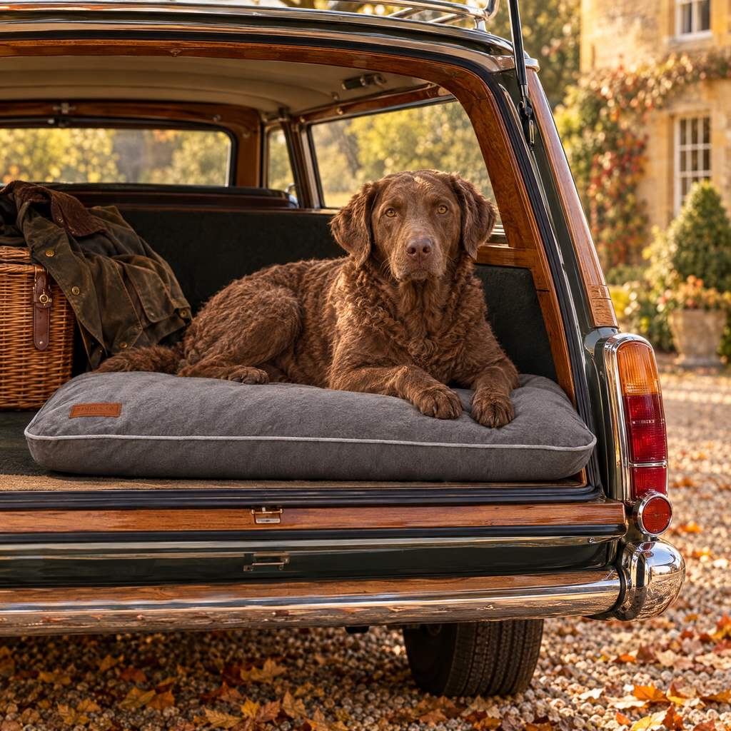 Chesapeake Bay Retriever on the Grey Orthopaedic Memory Foam Crate Mattress by Ralph & Co in the boot of a vintage estate car