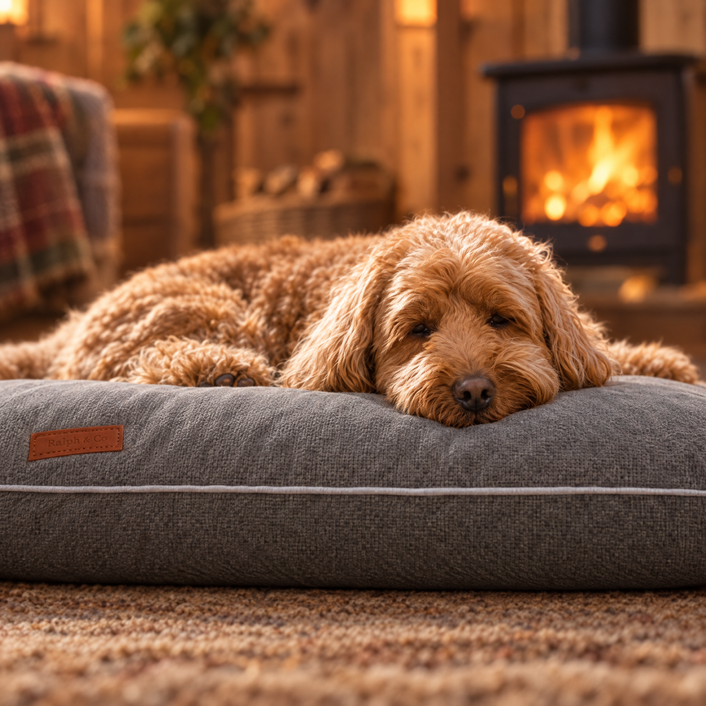 Sussex Spaniel resting its chin on the grey knitted memory foam crate mattress