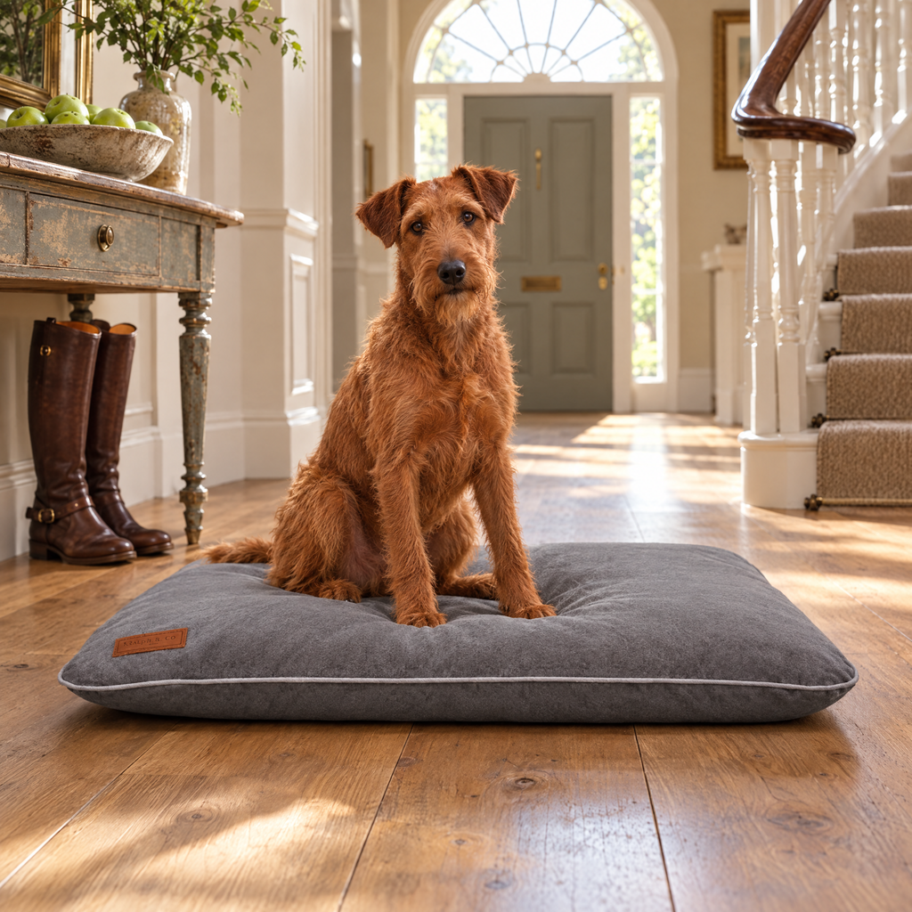 Irish Terrier sitting on the grey memory foam crate mattress in an Irish country house hall
