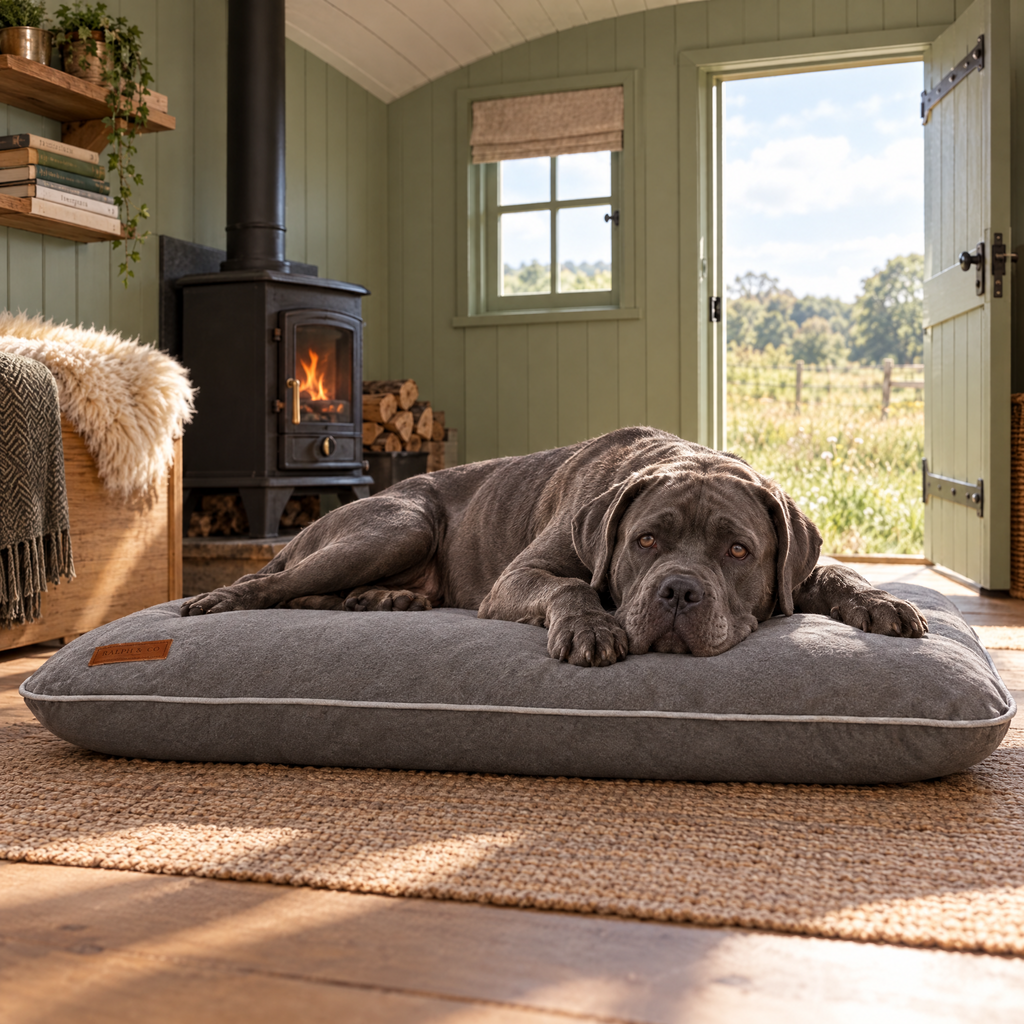 Cane Corso stretched out on the grey memory foam crate mattress in a shepherd's hut