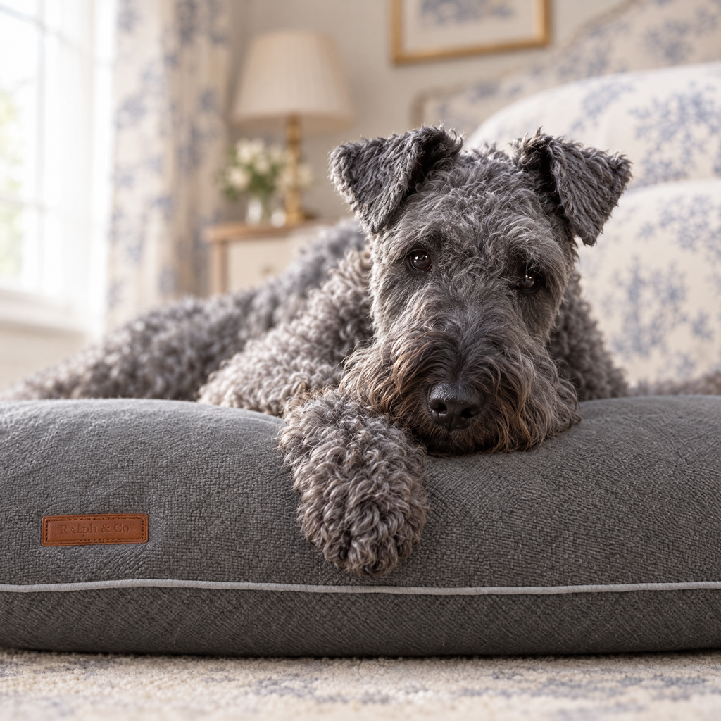 Kerry Blue Terrier's paw over the edge of the grey knitted memory foam crate mattress
