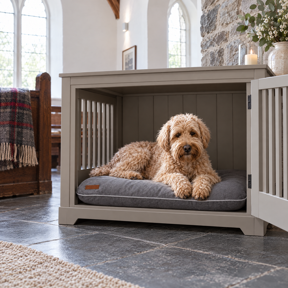 Soft-coated Wheaten Terrier on the grey memory foam crate mattress in a Welsh chapel conversion