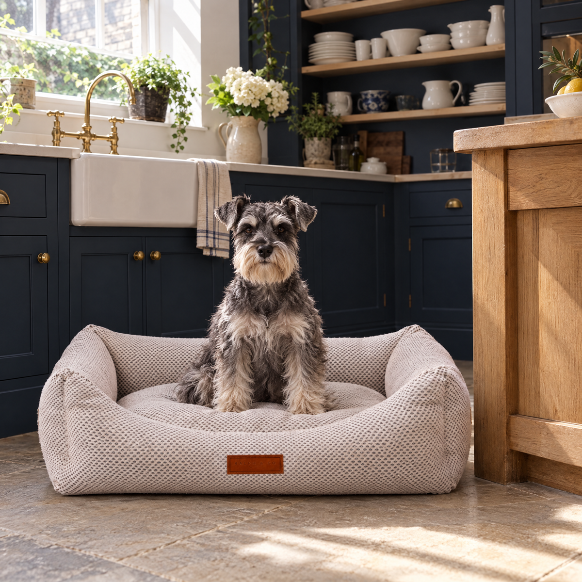 Miniature Schnauzer in the Chatsworth bolster bed in an Islington Georgian kitchen