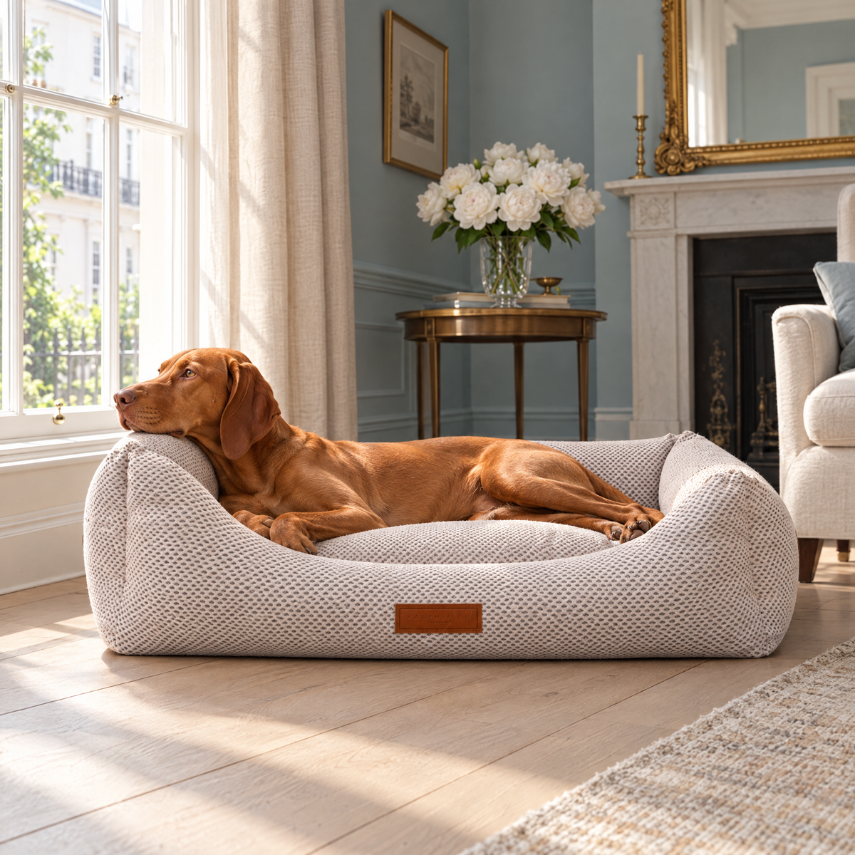 Vizsla stretched out in The Chatsworth Memory Foam Bolster Bed by Ralph & Co in a Belgravia townhouse morning room