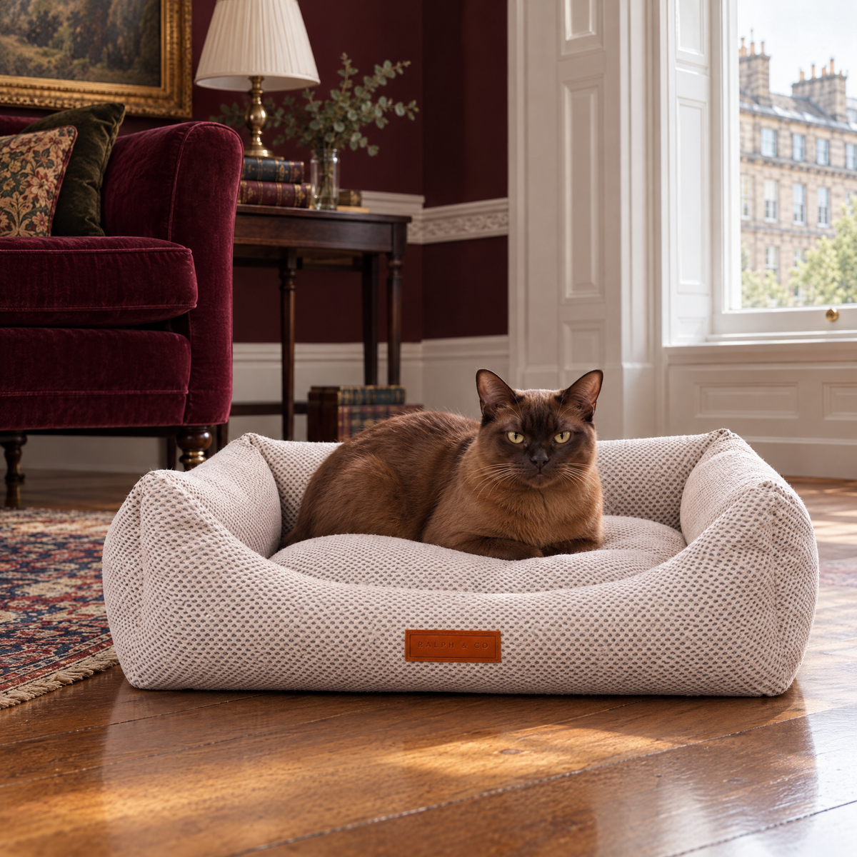 Burmese cat lounging in the Chatsworth bolster bed in an Edinburgh New Town drawing room