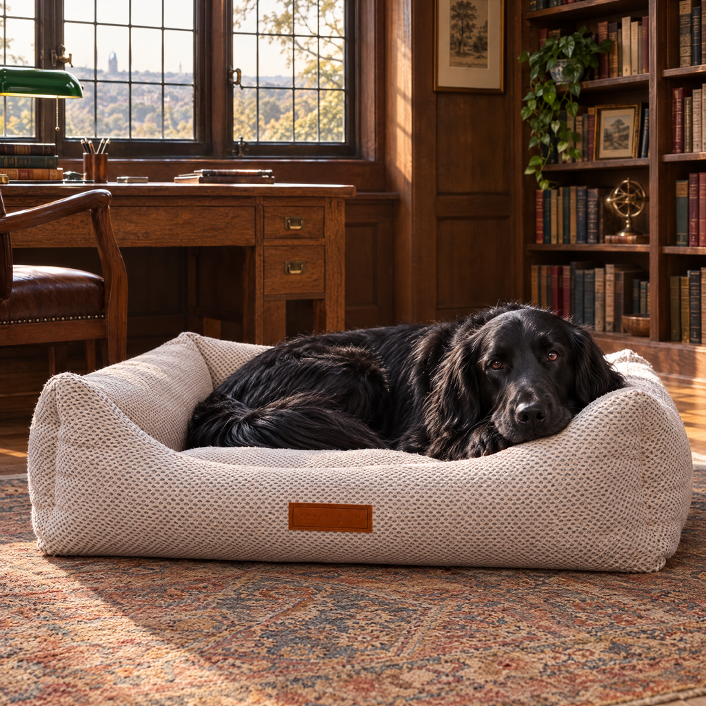 Flat-coated Retriever in the XL Chatsworth bolster bed in a Hampstead study
