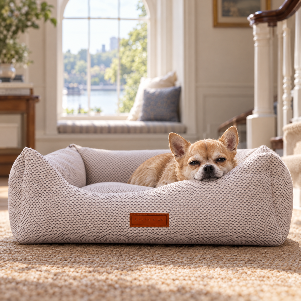Chihuahua resting its chin on the bolster of the Chatsworth memory foam bed