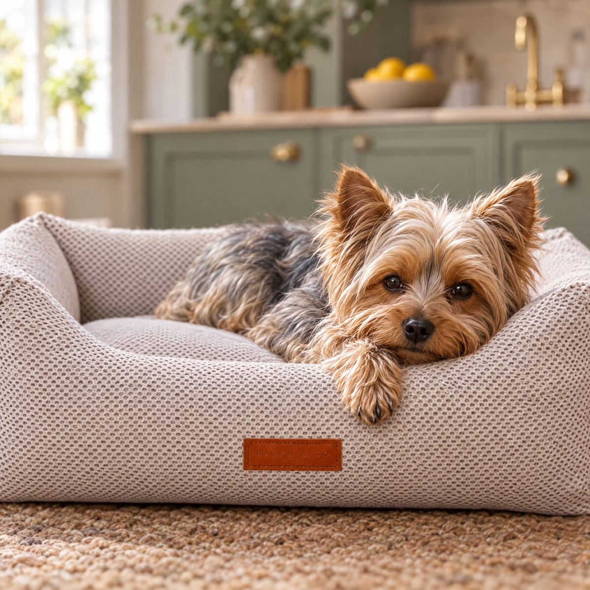 Yorkshire Terrier paw over the rim of the Chatsworth beige knitted bolster bed