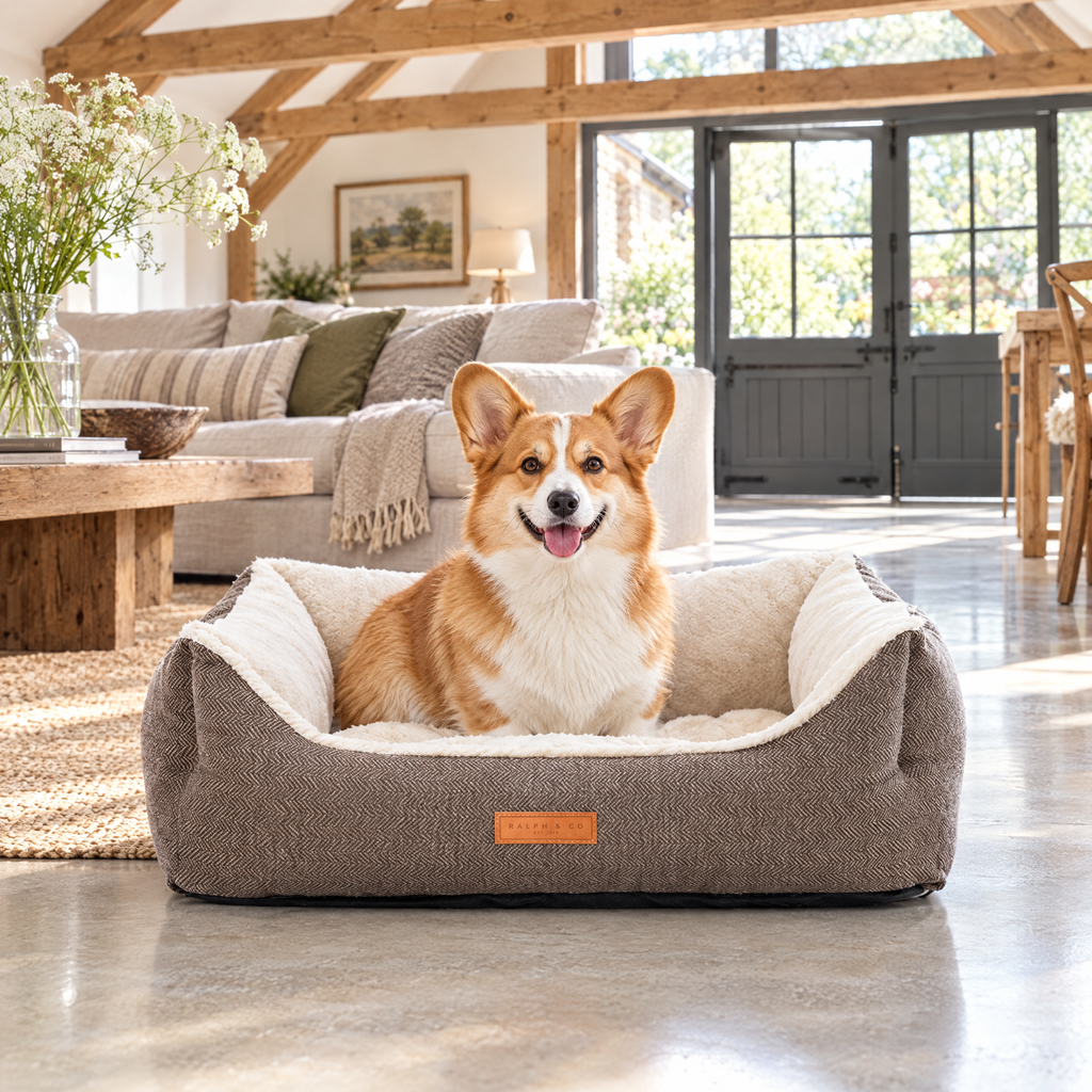 A Pembroke Corgi in the Lincoln tweed bolster bed in a Hampshire stable conversion