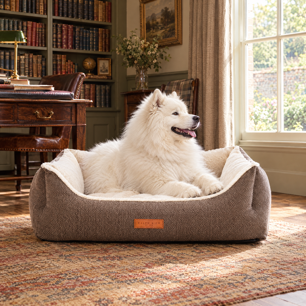 A Samoyed in the Lincoln tweed bolster bed in a Norfolk rectory study