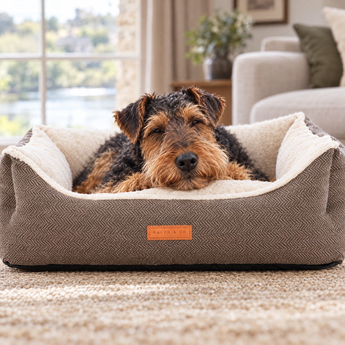 A Welsh Terrier resting its chin on the Lincoln tweed bed's bolster