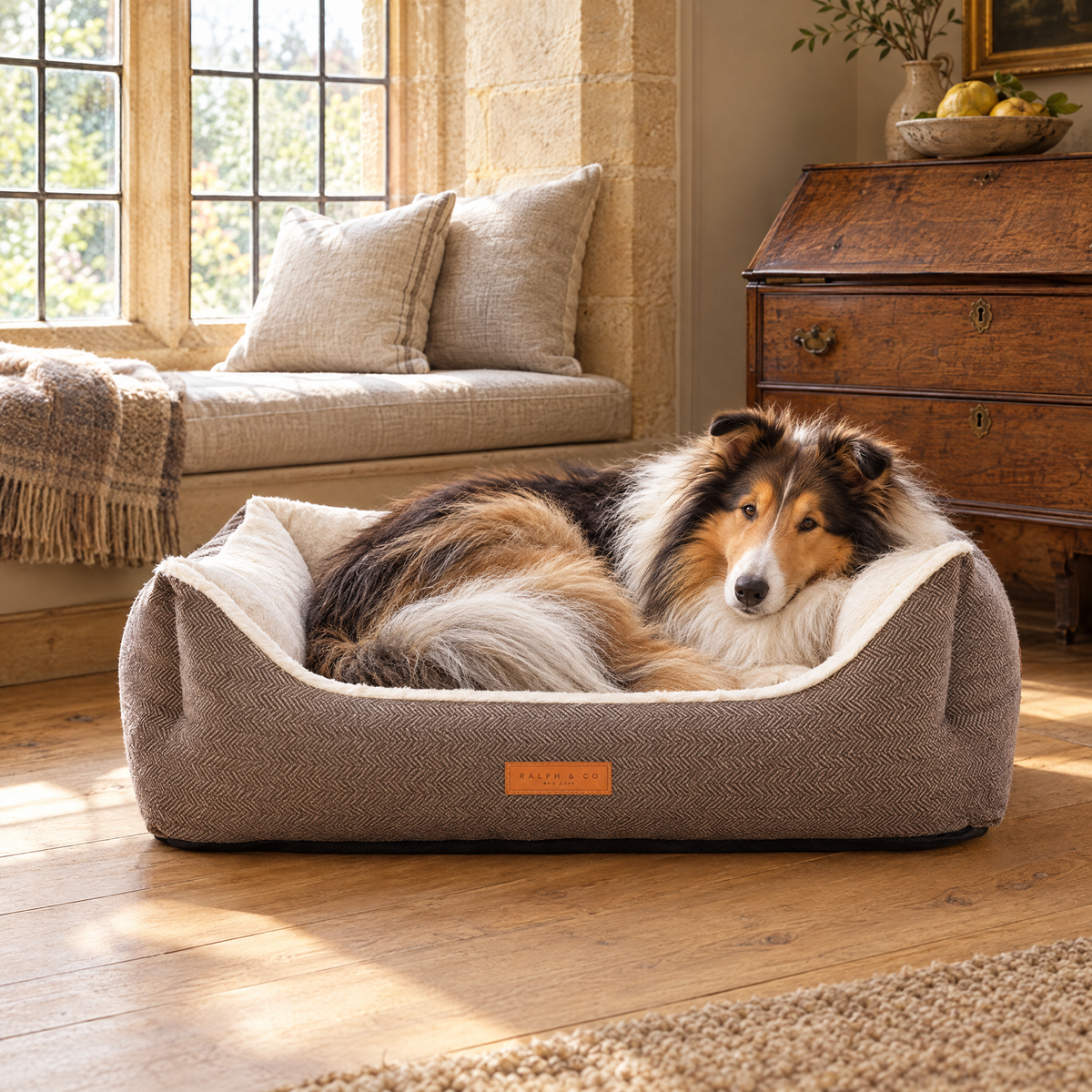 A Rough Collie curled up in the Lincoln tweed bolster bed by Ralph & Co, in a Cotswold manor morning room