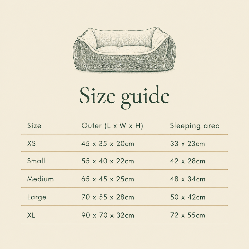 Lincoln tweed bolster bed size guide, XS to XL