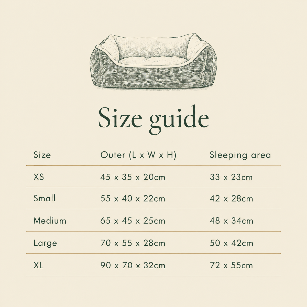 Lincoln tweed bolster bed size guide, XS to XL