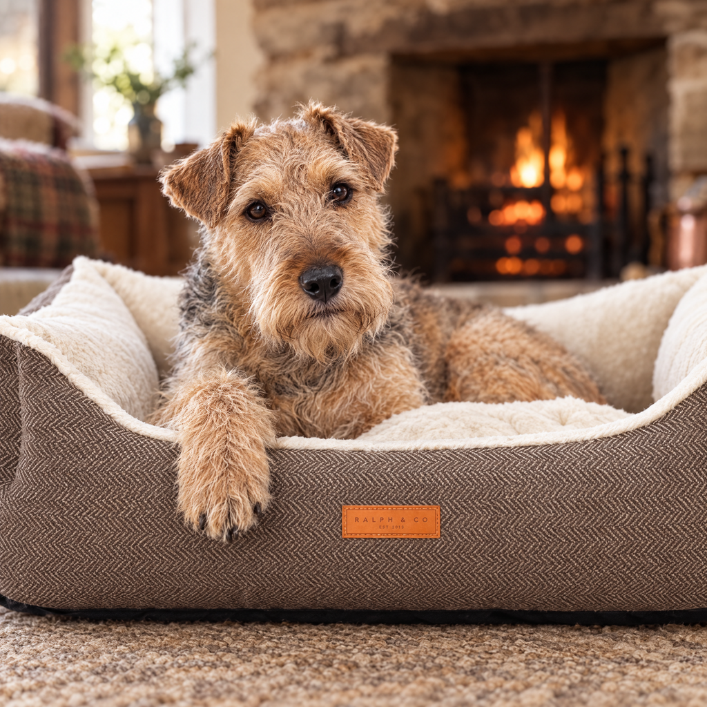 A Lakeland Terrier's paw over the rim of the Lincoln tweed bolster bed