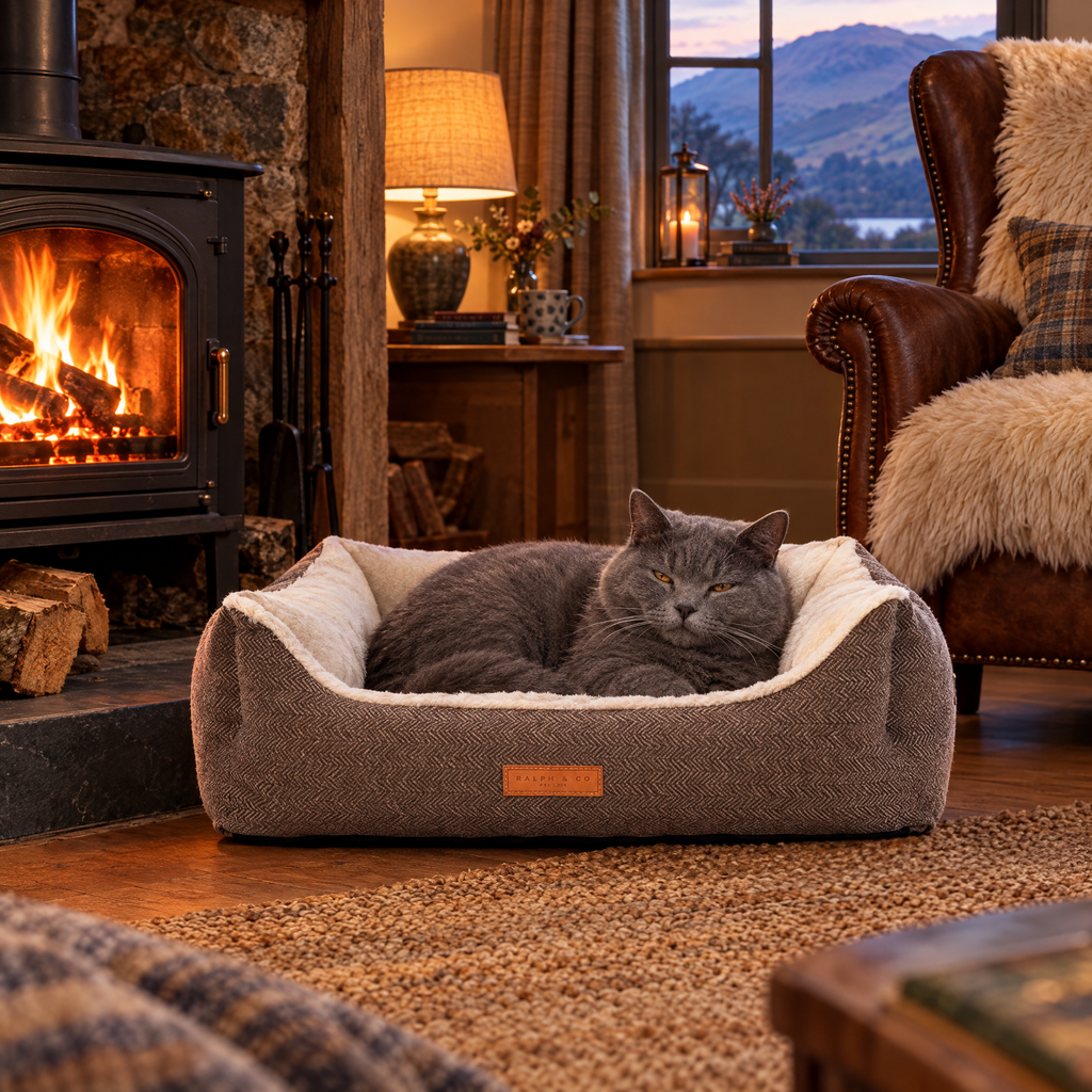 A Chartreux cat lounging in the Lincoln tweed bolster bed by a wood burner in a Lake District lodge snug