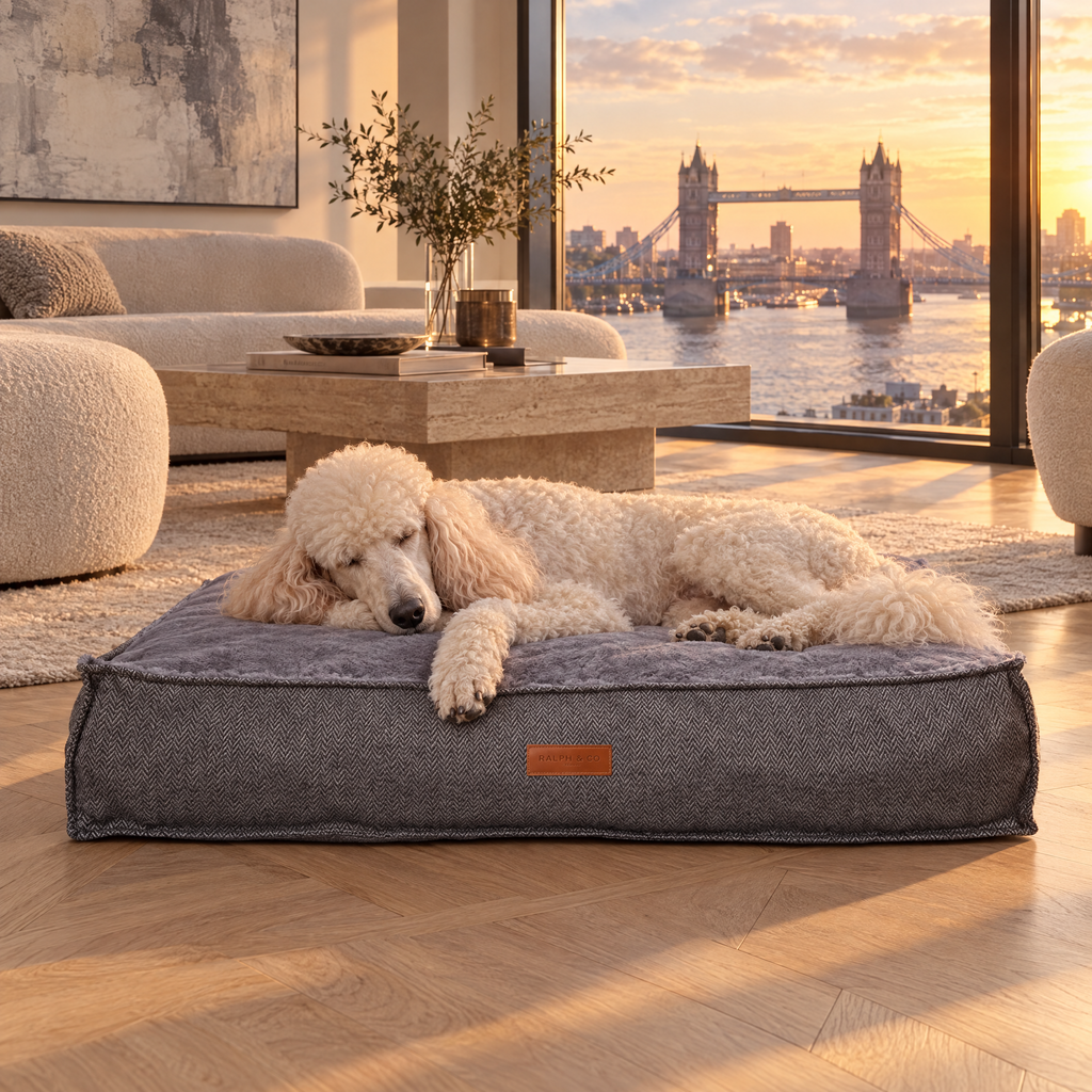 Standard Poodle stretched out on The Balmoral Herringbone Flat Pillow Bed by Ralph & Co in a Thames-side penthouse