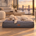 Standard Poodle stretched out on The Balmoral Herringbone Flat Pillow Bed by Ralph & Co in a Thames-side penthouse