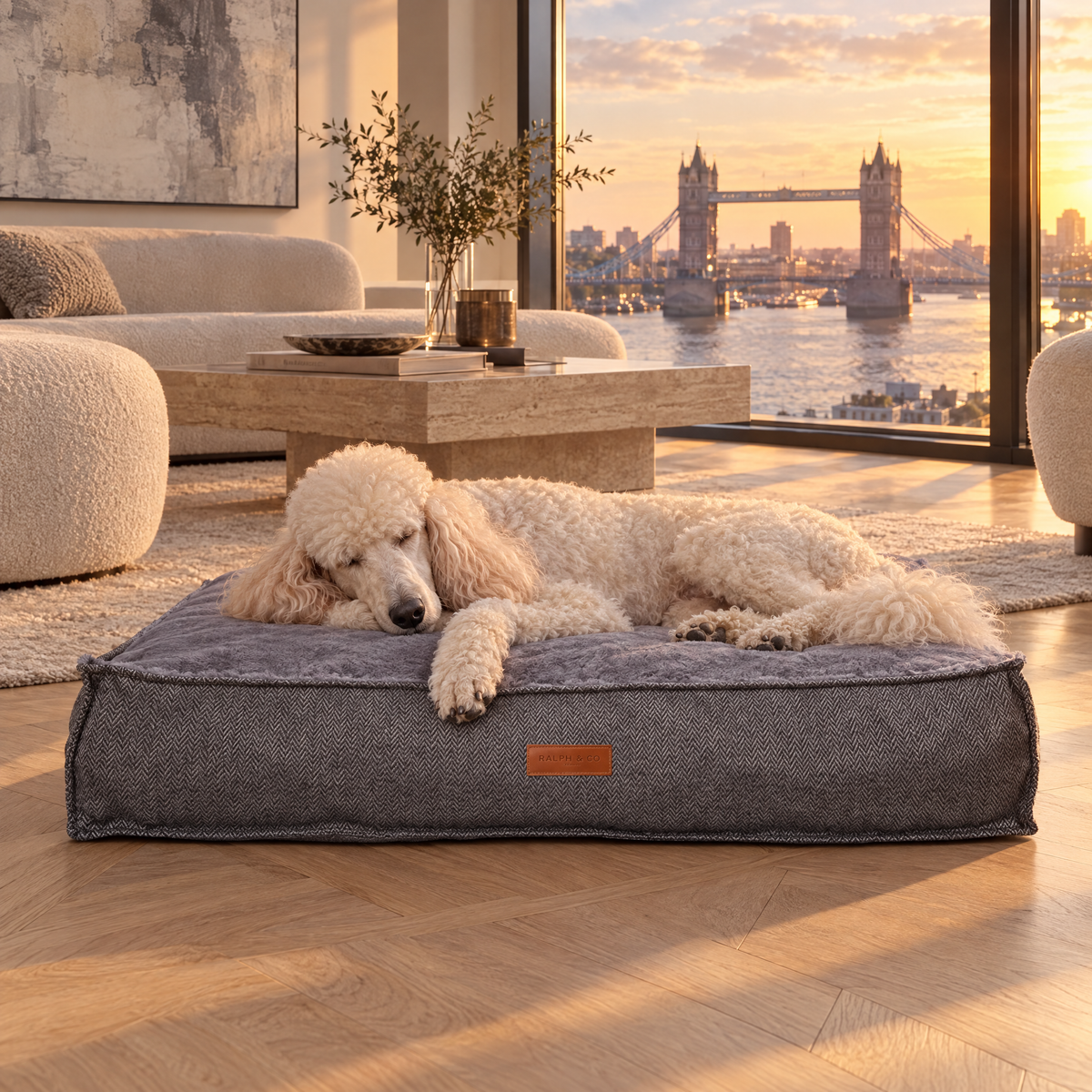Standard Poodle stretched out on The Balmoral Herringbone Flat Pillow Bed by Ralph & Co in a Thames-side penthouse