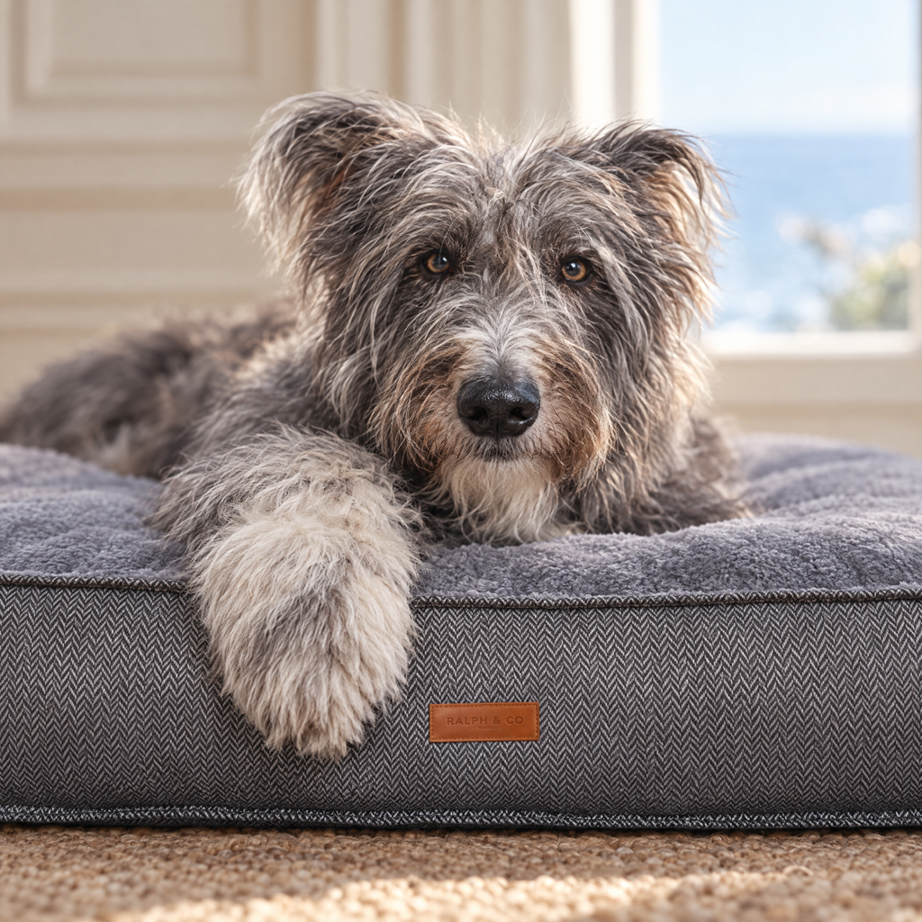 Old English Sheepdog paw over the edge of the Balmoral grey herringbone flat pillow bed