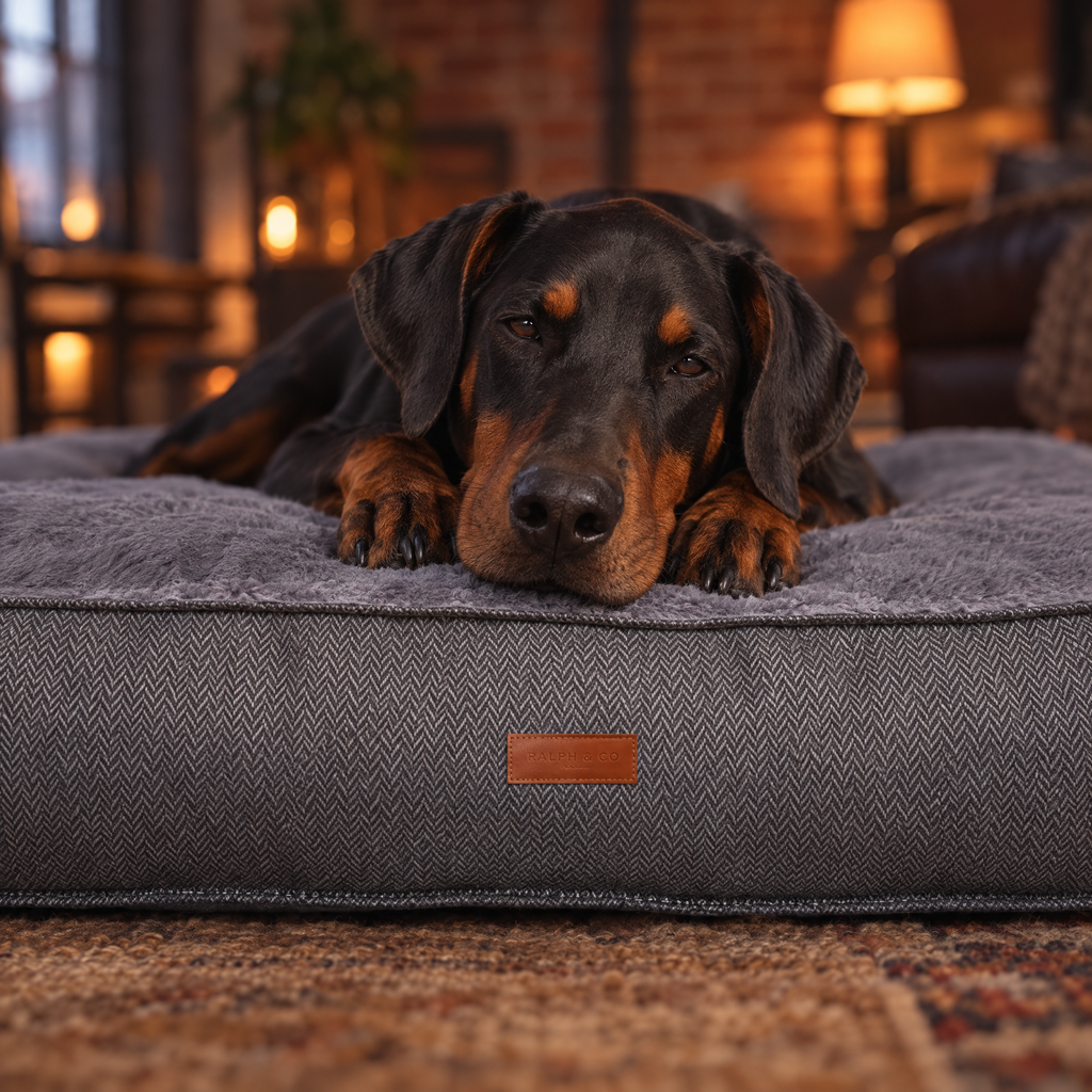 Dobermann resting its chin on the Balmoral herringbone flat pillow bed
