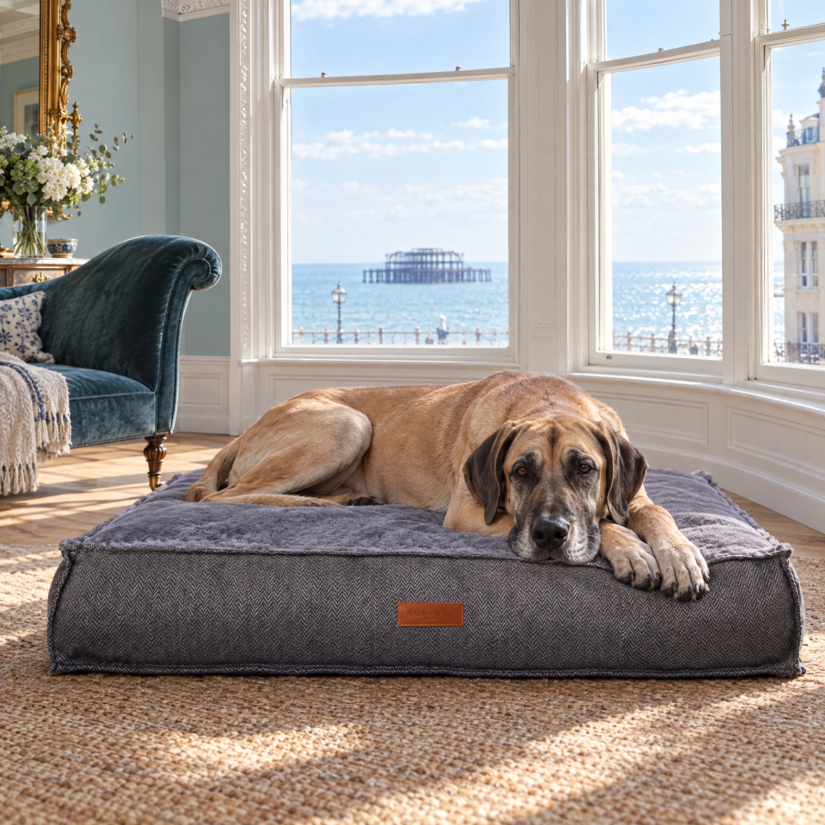 Great Dane stretched across the large Balmoral herringbone flat pillow bed in a Brighton Regency bow window