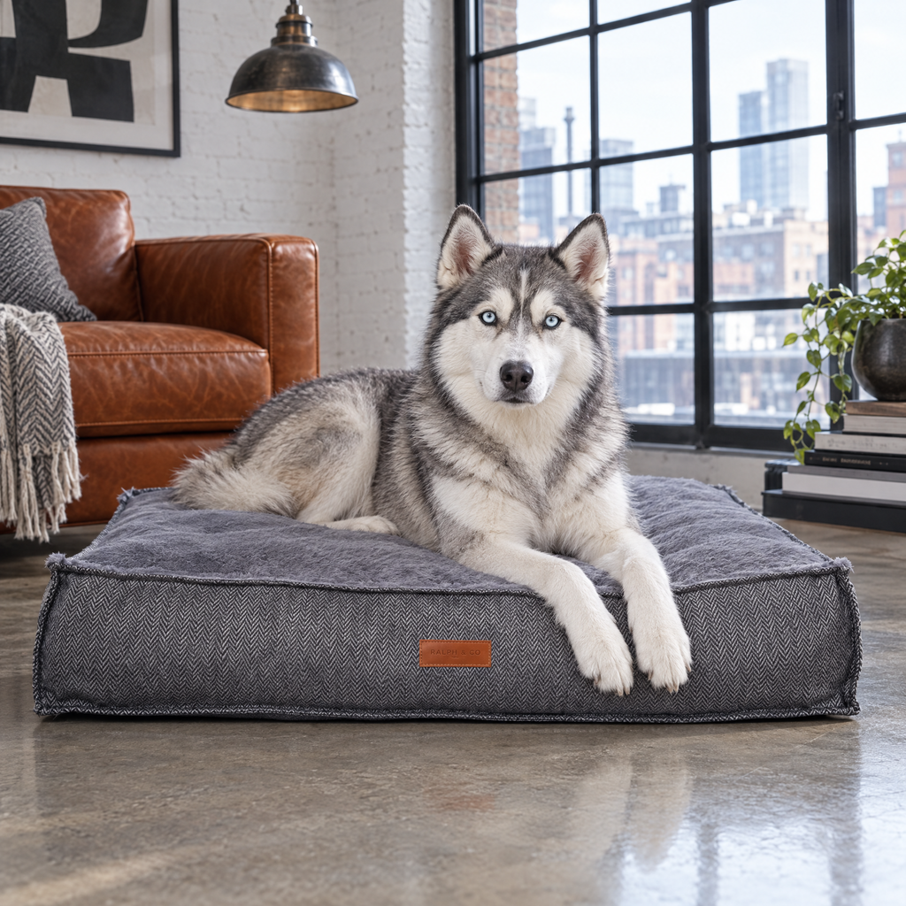 Siberian Husky on the Balmoral herringbone flat pillow bed in a Shoreditch loft