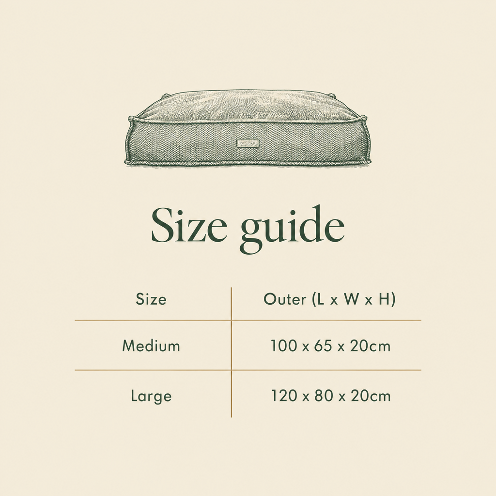 Balmoral flat pillow bed size guide: Medium and Large outer dimensions