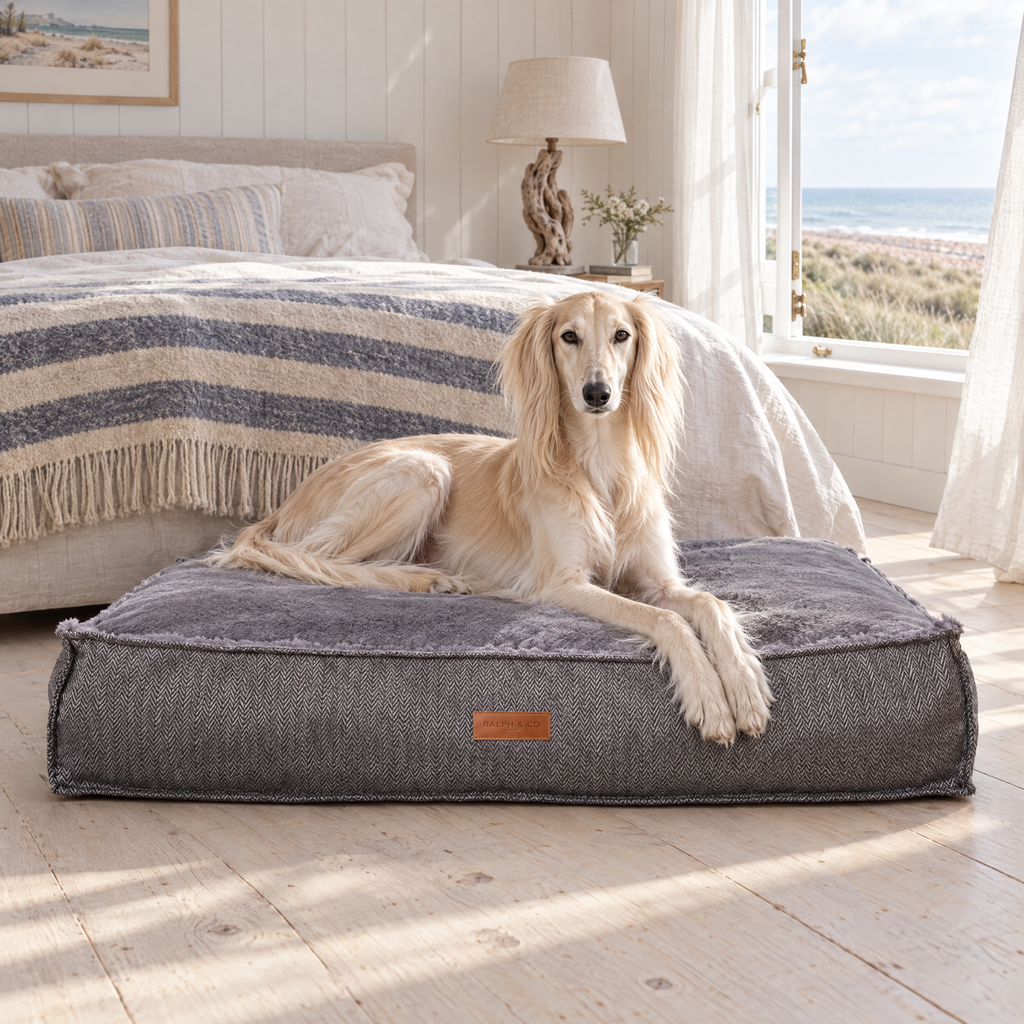 Saluki lounging on the Balmoral herringbone flat pillow bed in a Suffolk beach house bedroom