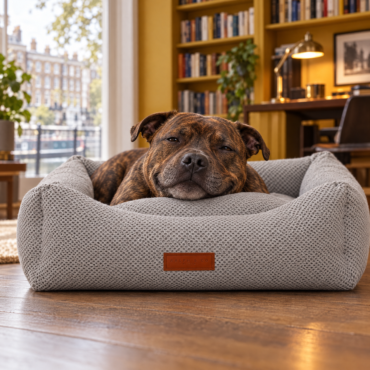Staffordshire Bull Terrier resting its chin on the bolster of the Highclere memory foam bed