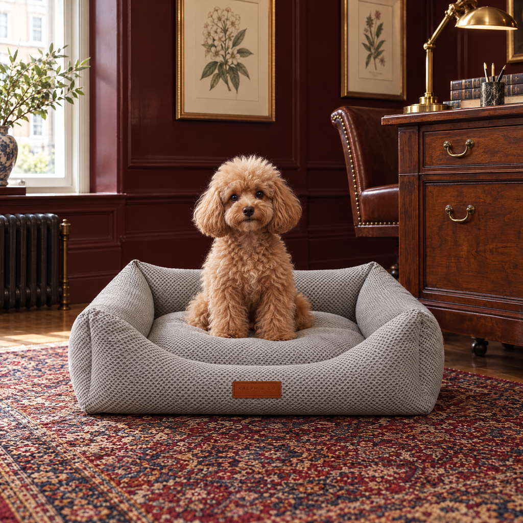 Apricot Toy Poodle in the small Highclere bolster bed in a Belgravia study