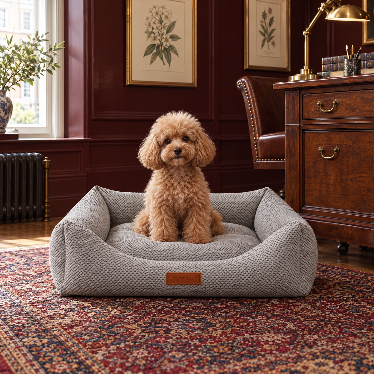 Apricot Toy Poodle in the small Highclere bolster bed in a Belgravia study