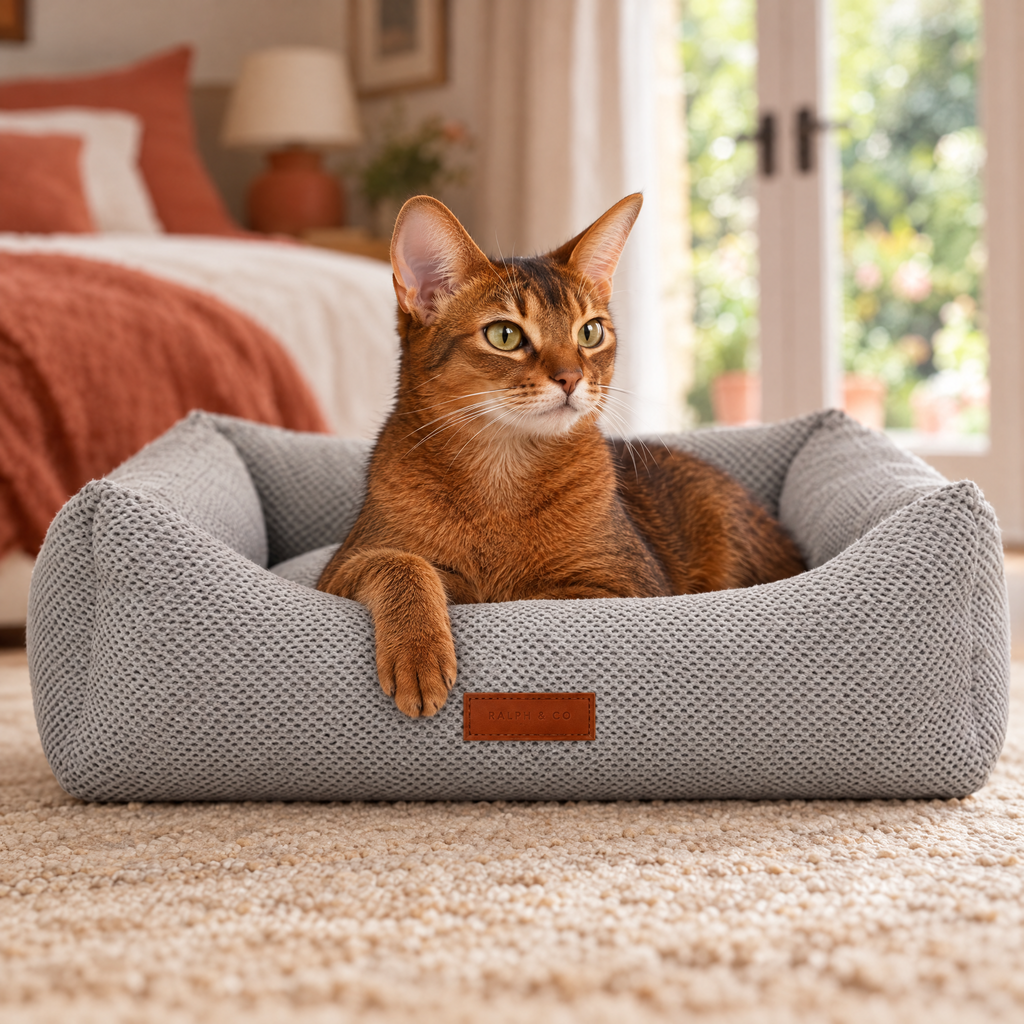Abyssinian cat paw over the rim of the Highclere grey knitted bolster bed