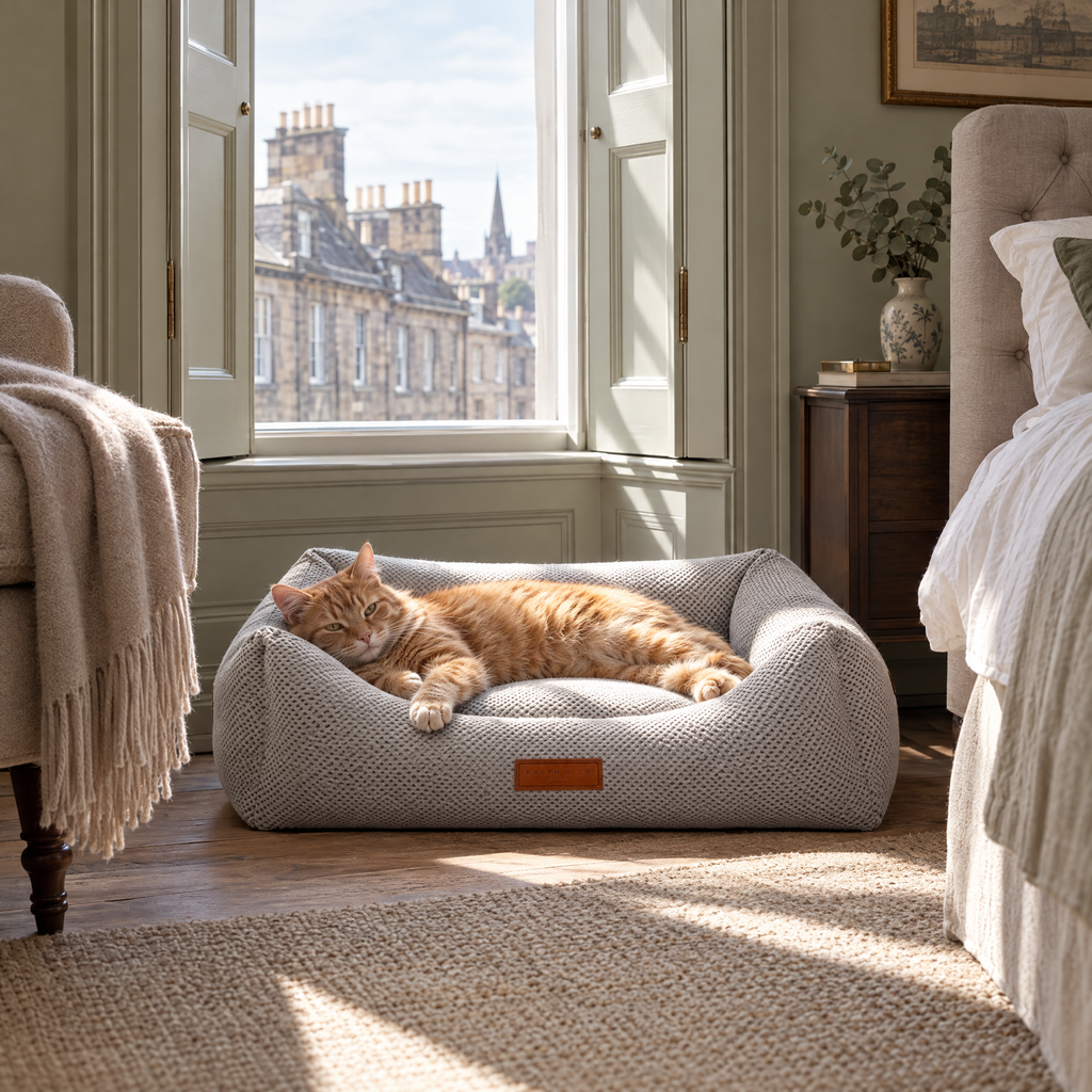 Ginger cat basking in the Highclere bolster bed in an Edinburgh New Town bedroom