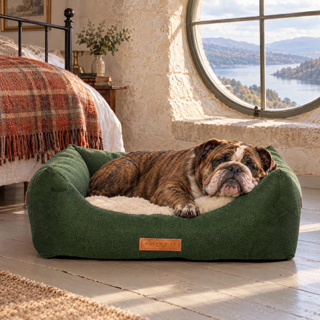 An English Bulldog in the Richmond green bolster bed in a Perthshire castle tower bedroom