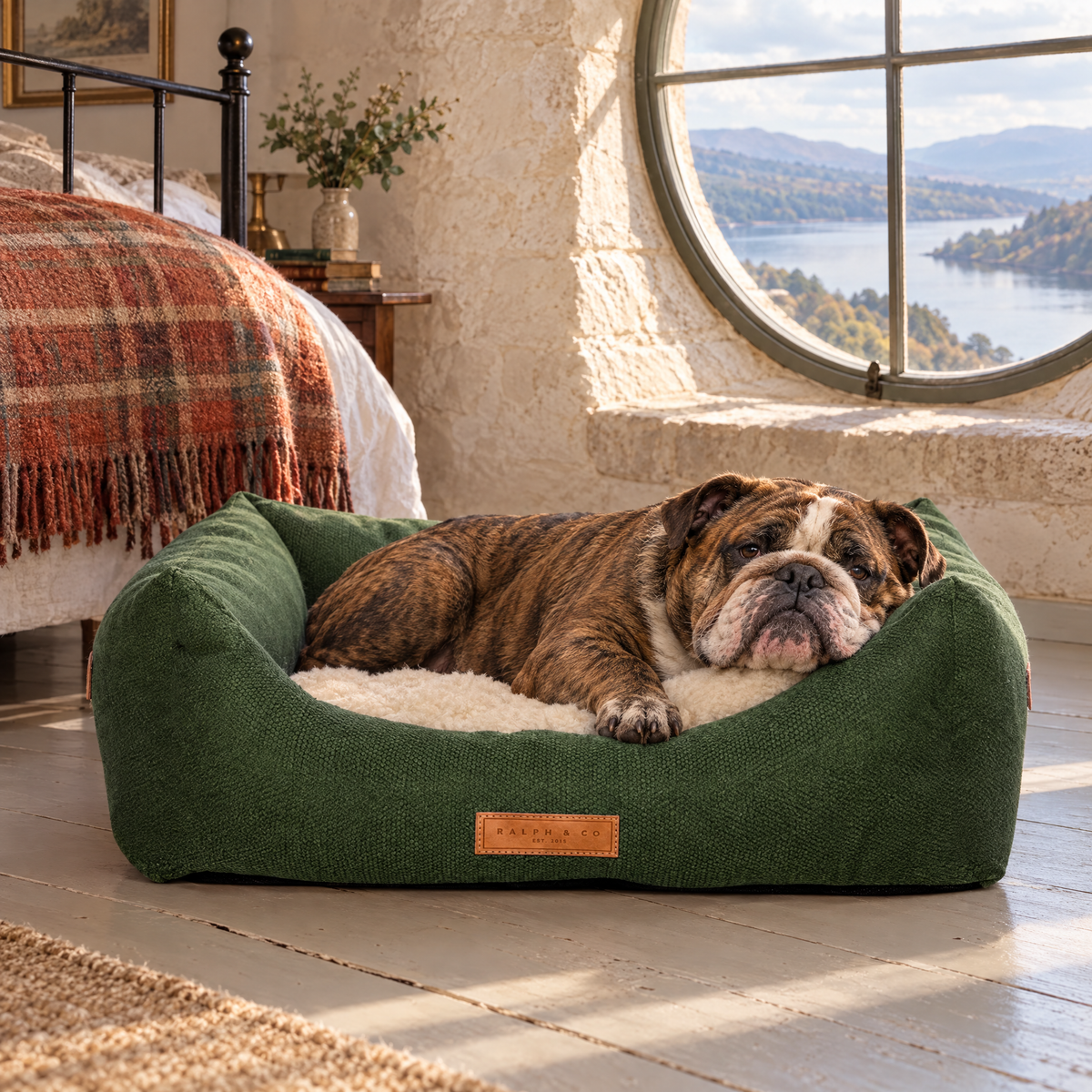 An English Bulldog in the Richmond green bolster bed in a Perthshire castle tower bedroom
