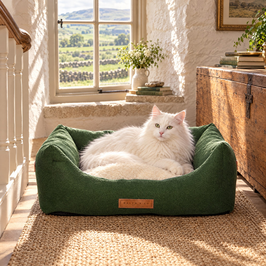 A Turkish Angora cat lounging in the Richmond green bed on a Yorkshire Dales farmhouse landing
