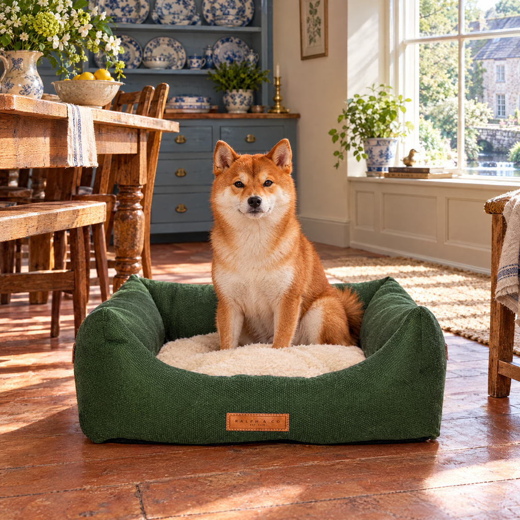 A Shiba Inu in the Richmond green bolster bed in a Wiltshire mill house kitchen