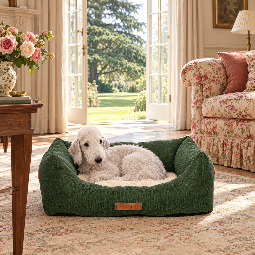 A Bedlington Terrier curled up in the Richmond green bolster bed by Ralph & Co, in a Norfolk rectory drawing room