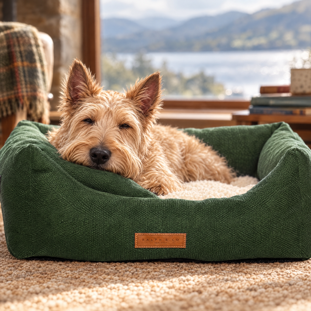 A Scottish Terrier resting its chin on the Richmond bed's bolster